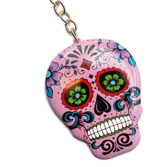 Pink Sugar Skull Tassel Keychain KeyRing Bag Charm - Picture 3 of 3